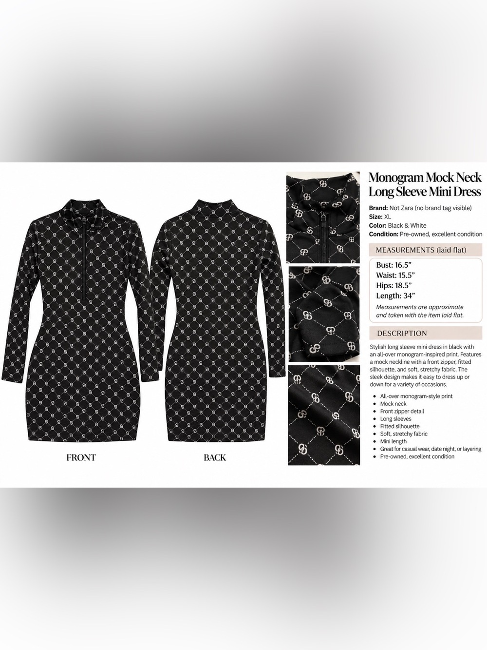 Divided Black & White Monogram Mock Neck Long Sleeve Mini Dress